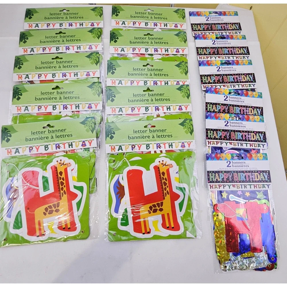16pc Happy Birthday Banner Set 10 Jungle 7ft & 6 Holographic 2ft Party Decor Lot